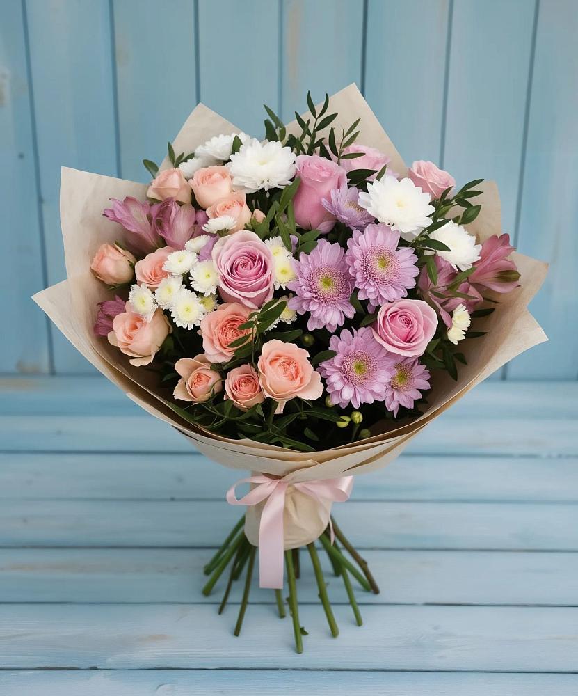 Букет цветов из: Хризантемы, Розы и Альстромерии в Селятино