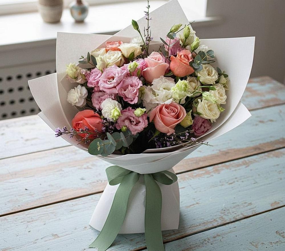 Букет цветов из: Розы, Лизиантусы и Гвоздики в Селятино