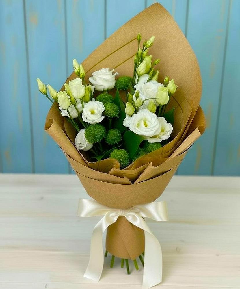 Букет цветов из: Хризантемы и Лизиантусы в Селятино