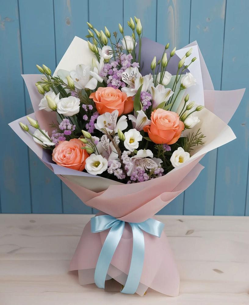 Букет цветов из: Лизиантусы, Розы, Альстромерии и Гипсофила в Селятино