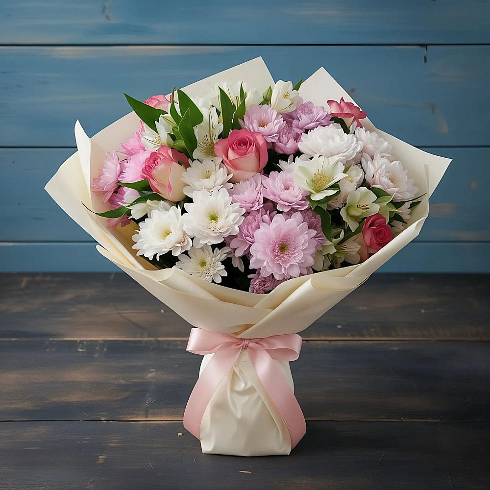 Букет цветов из: Хризантемы, Альстромерии и Розы в Селятино